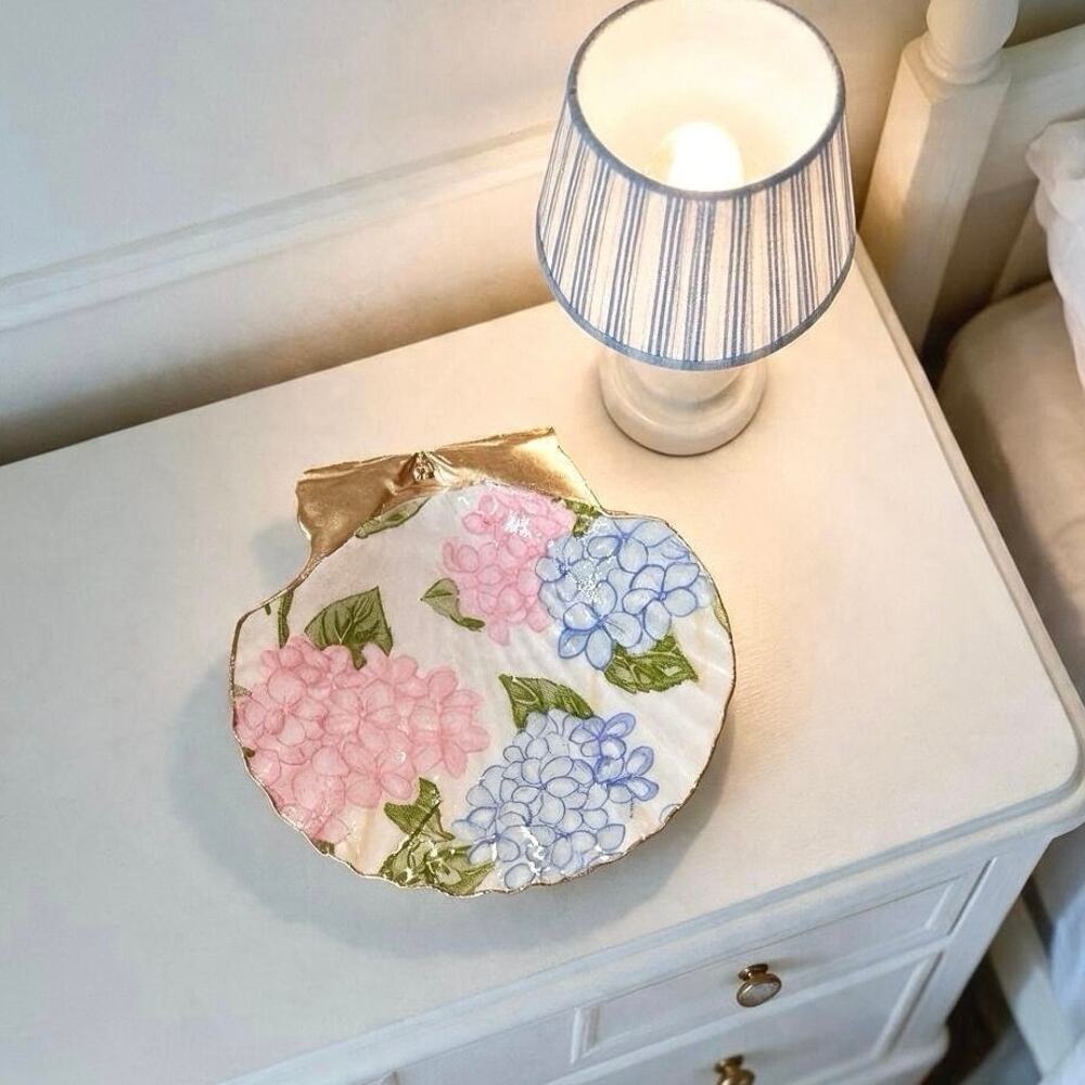 Pink and Blue Hydrangea Shell Ring Dish, Floral Trinket Dish, Gift for Her